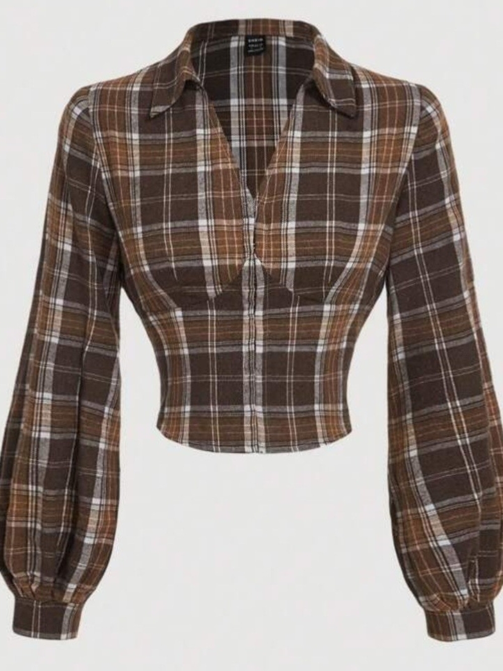 Plaid Brown Cropped Button-Front Top